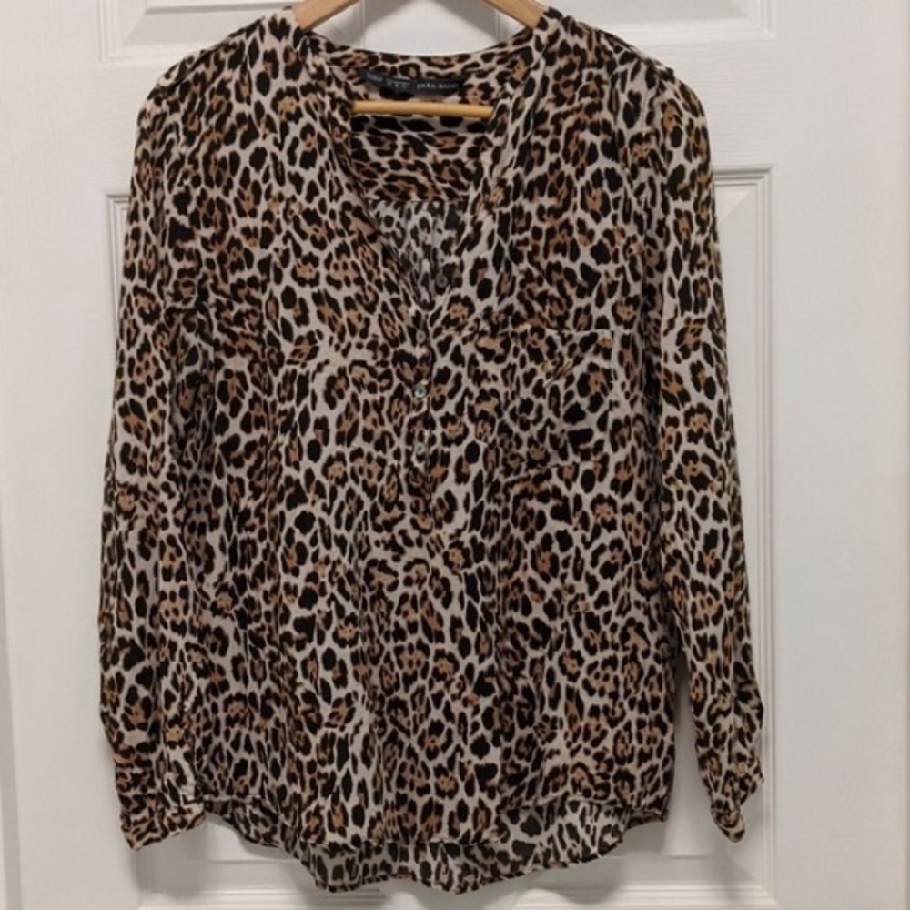 Zara Basic Leopard Print Button Down Shirt - image 1